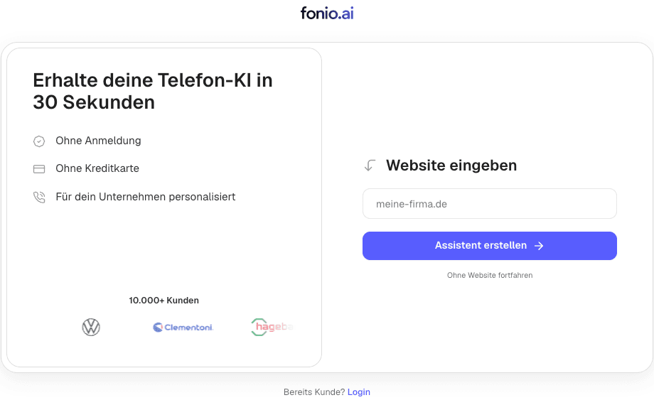 fonio.ai Self-Service-Tool: eigene Website eingeben, KI-Assistent in 30 Sekunden erhalten