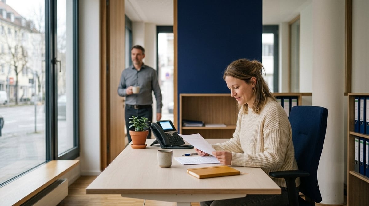 Ruhige Arbeitsatmosphäre in einer Steuerkanzlei — Mitarbeiterin sichtet entspannt Unterlagen, während im Hintergrund ein Kollege mit Kaffee vorbeigeht